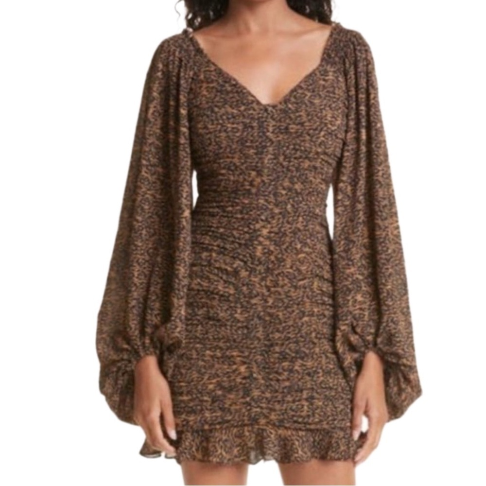 Ted Baker Wyatte Light Brown Ruched Bodycon Ruffle Mini Dress Balloon Sleeve